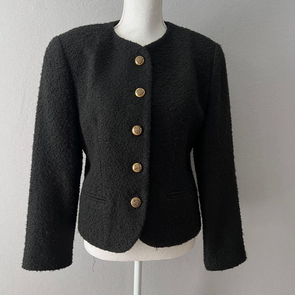 Austin Reed Blazer Jacket Women S Black Wool Boucle Crest Button Vintage USA